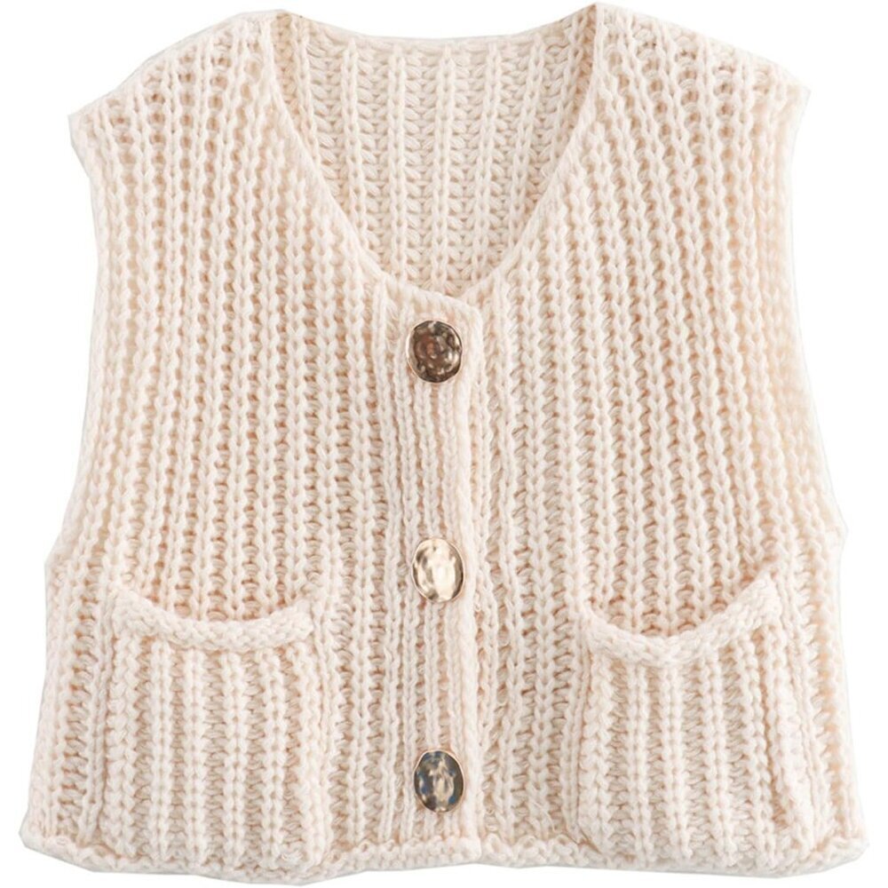 Women's Cropped Knit Sleeveless Cardigan with Pockets Casual Spring Summer